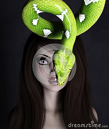 Woman portrait with green tree python Stock Photo