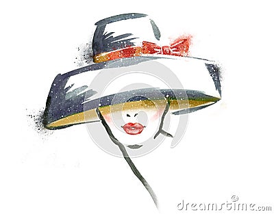 Woman portrait with hat .Abstract watercolor .Fashion illustration. Cartoon Illustration