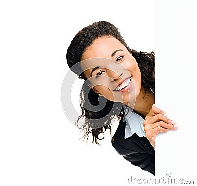 Woman, portrait or hiding by billboard promotion sales, poster branding mockup or product placement mock up. Happy smile Stock Photo