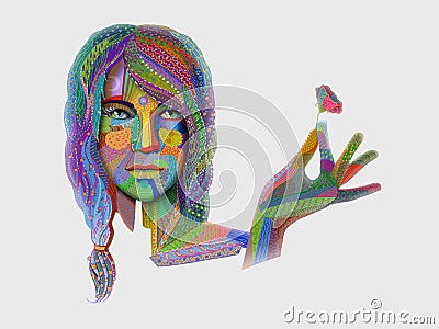 Woman portrait with multicolored indian pattern holding flower Stock Photo