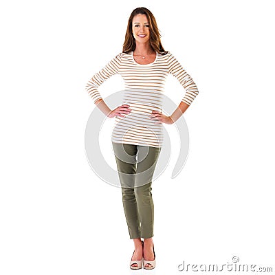 Woman, portrait and studio with fashion in confidence with arms on waist with cool, trendy and self esteem. Thrifting Stock Photo