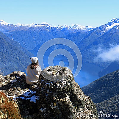 Girl Overlooks Incredible Scenery of New Zealand Editorial Stock Photo