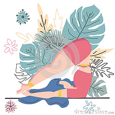 A woman in a pose of a plow - Halasan. Yoga, concept of meditation, health benefits for the body, control of the mind and emotions Stock Photo