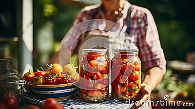 Woman posing behind fresh pickled tomatoes in jars on a rustic table Stock Photo