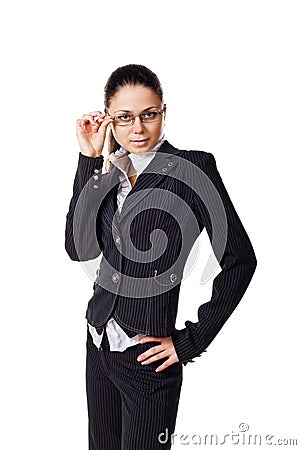 Woman posing in business suit and glasses Stock Photo