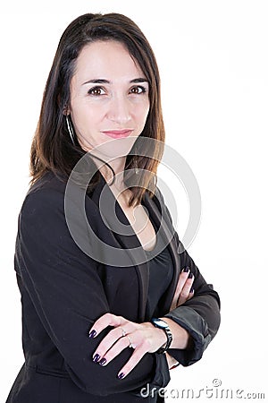 Woman posing in businesswoman suit clothes jacket arms crossed folded in white background Stock Photo