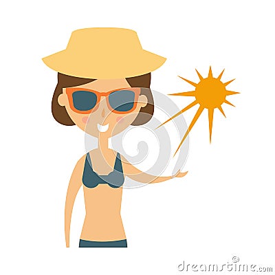 Woman Posing With Sun On Her Palm In Shades And Straw Hat, Part Of Summer Beach Vacation Series Of Illustrations Vector Illustration
