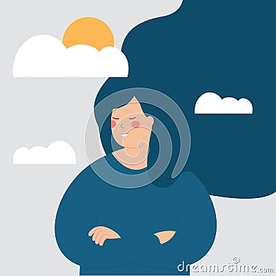 Woman with positive thoughts and happy sunny mood illustration. Happy peaceful Teenage girl smiling. Mental health wellbeing Vector Illustration