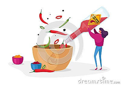 Woman Pouring Chilli Ketchup or Sauce from Glass Bottle to Bowl Cooking Spicy Meal. Seasoning Ingredient for Hot Food Vector Illustration