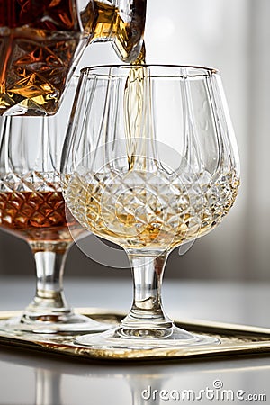 Woman pouring and drinking brandy of lead crystal bottle in cognac snifter glasses Stock Photo