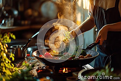 a woman pours vegetables into a wok Stock Photo