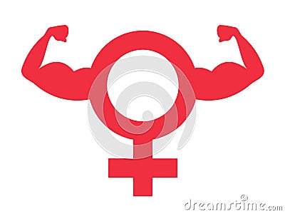 Woman power - female sex and gender symbol and pictogram with muscular arm and biceps Cartoon Illustration