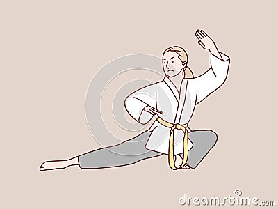 Woman practice karate red belt do low kick training simple korean style illustration Vector Illustration