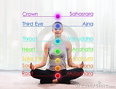 Woman practicing meditation with chakras marked Stock Photo