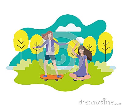 Woman practicing skateboarding and young woman sitting in the park Vector Illustration