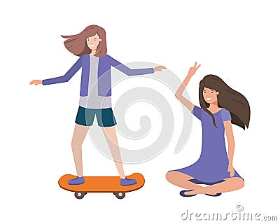 Woman practicing skateboarding and young woman sitting Vector Illustration