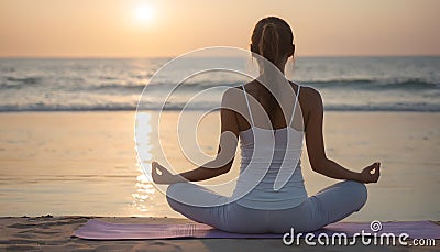 Woman Practicing Yoga on Beach at Sunset AI Generated Stock Photo