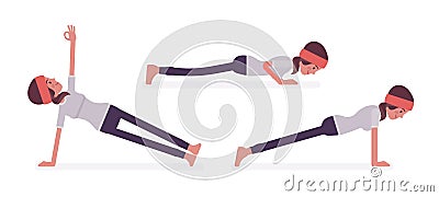 Woman practicing yoga, doing Push and press ups, plank pose Vector Illustration