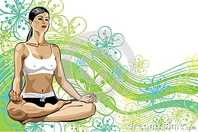 Woman practicing yoga in lotus pose.Spring backgr Vector Illustration