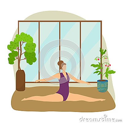 Woman practicing yoga split in front of large window. Indoor peaceful yoga session, home exercise. Health and meditation Vector Illustration