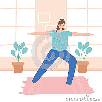 Woman practicing yoga virabhadrasana pose exercises, healthy lifestyle, physical and spiritual practice Vector Illustration