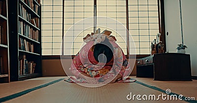 Woman, prayer and Japanese or spiritual religion in tatami room for tradition culture, respect or ritual. Asian person Stock Photo