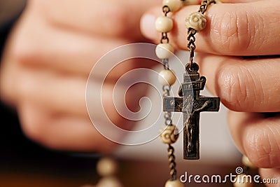 Woman praying with rosary to God Stock Photo