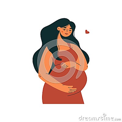 Woman during pregnancy. Cartoon pregnant girl with child in belly, female character with hands on tummy, maternity Vector Illustration