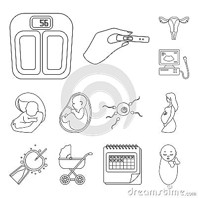 Woman and pregnancy outline icons in set collection for design. Gynecology and equipment vector symbol stock web Vector Illustration