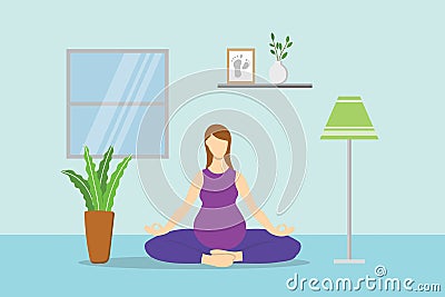 Woman pregnant or pregnancy yoga home exercise with modern flat style Cartoon Illustration