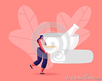 Woman Prepare Natural Mask in Bathroom Concept. Tiny Female Character with Huge Bowl with Moisturizing Mask, Spa Salon Vector Illustration