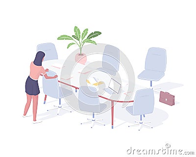 Woman prepares office for business meeting isometric illustration. Female secretary character arranges chairs tidies up Vector Illustration