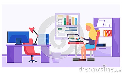 Woman prepares a progress report. Female character sitting at a table with a laptop in office room Stock Photo