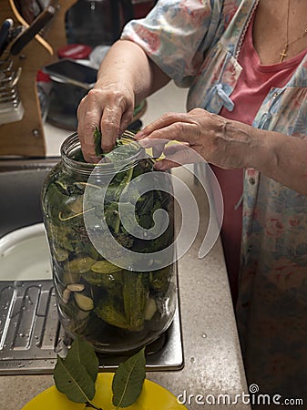 Woman preparing cucumbers for marinating Stock Photo