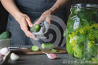 Woman preparing cucumbers for marinating with garlic and dill. Rustic dark style Stock Photo