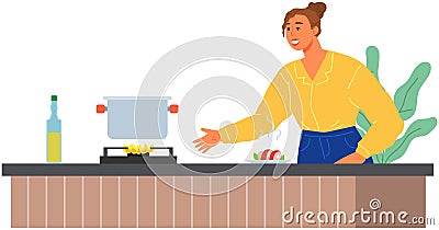 Woman preparing dish, making food in kitchen. Housewife stands near stove with pan and cooking soup Vector Illustration