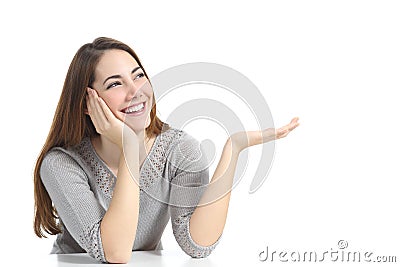 Woman presenting a blank advertising Stock Photo