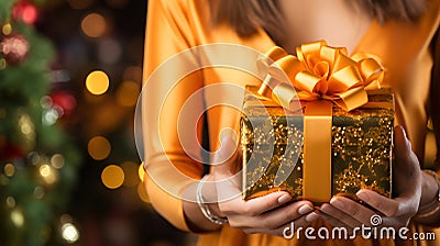 A woman presents a festive Xmas gift box, holiday Christmas event. Generative AI Stock Photo