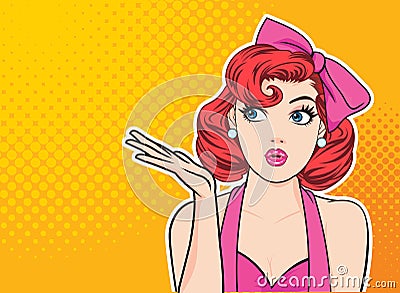 Woman Presents Some Product with dot background pop art comics style Vector Illustration