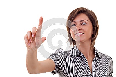 Woman pressing imaginary button Stock Photo