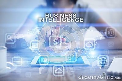 Woman pressing on virtual screen and selecting business intelligence Stock Photo