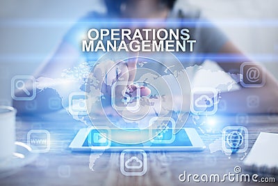 Woman pressing on virtual screen and selecting operations management Stock Photo