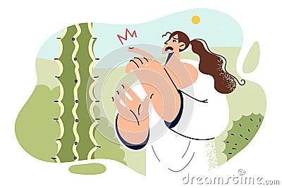 Woman pricked finger on cactus, touching needle and injuring herself walking in mexican desert. Vector Illustration