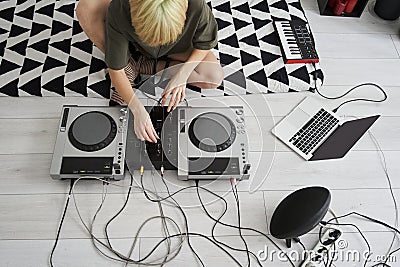 Woman produce electronic soundtrack Stock Photo