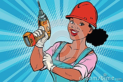 Woman professional. Construction worker with drill Vector Illustration