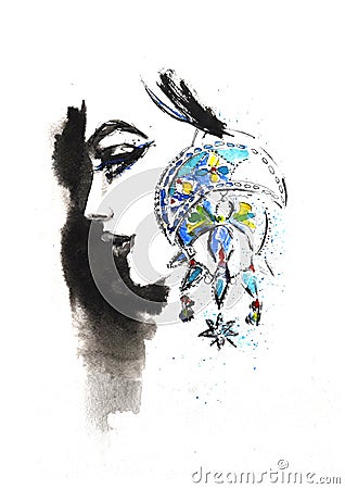 Woman in profile with big earring Cartoon Illustration