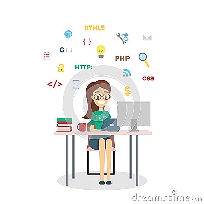 Woman programmer with laptop. Vector Illustration