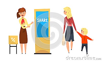 Woman Promoter Advertising Products or Services to Passerby at Trade Show Vector Set Vector Illustration