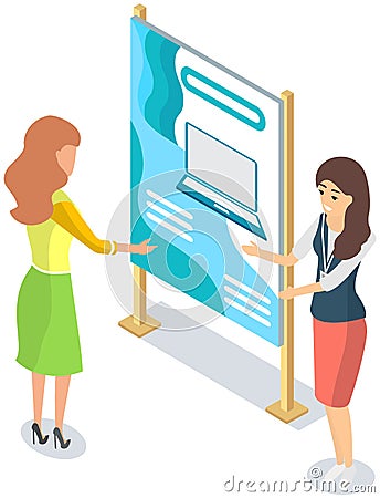 Woman promotes and advertises modern laptop at exhibition. Person offers to buy product from company Vector Illustration