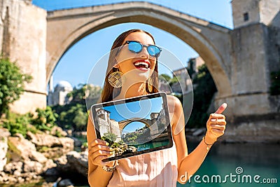 Woman promoting tourism in Mostar city Stock Photo